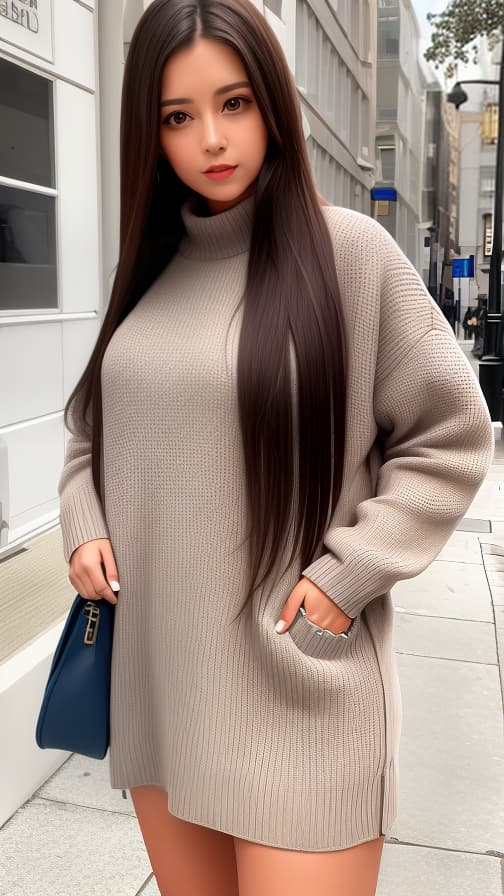  Woman with long straight brown hair wearing a sweater with one dark blue button