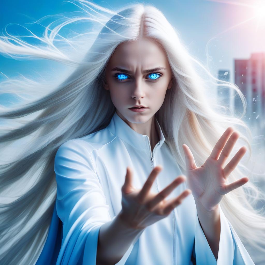  a girl with superpower, releases cold from the palm, a front view, white long loose hair, modern clothes, bright blue eyes