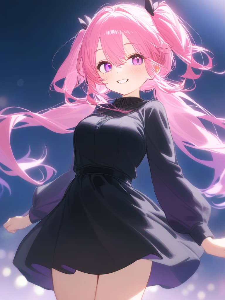  girls, cute, pink hair, pink and purple eyes, black dress like clothes, front, loose twin tails, cute girls, smiles