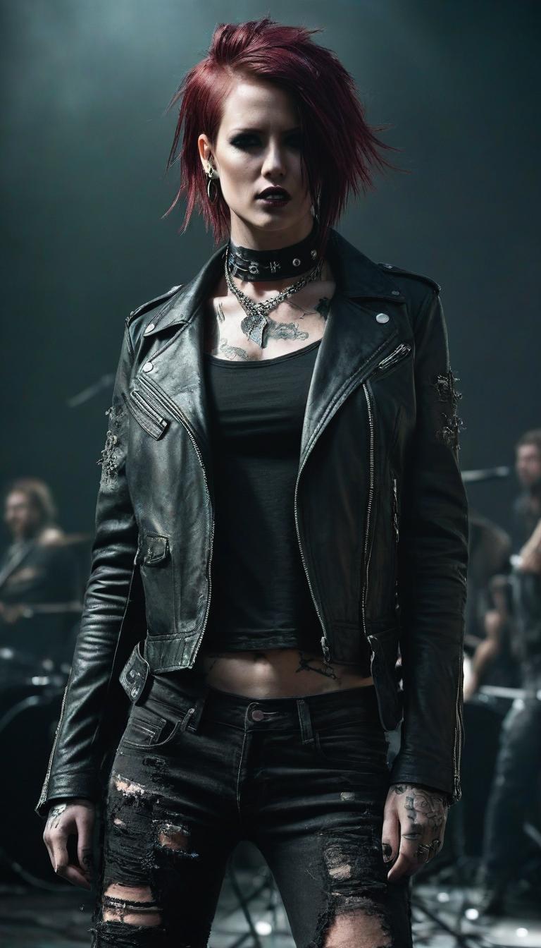  macabre style ((best quality)), ((masterpiece)), (detailed), beautiful punk rock , in leather jacket and torn jeans . against the background of the concert scene. choker. aggressive pose, green eyes, burgundy hair, you can see a well structured abdomen. beautiful s. extremely close up portrait style plan. this work uses multiple exposure, overlay of textures and expert post processing to convey a sense of dynamism and depth. the inclusion of style adds a unique charm to the character, enhancing its complexity and bringing a fresh look to the composition. . dark, gothic, grim, haunting, highly detailed