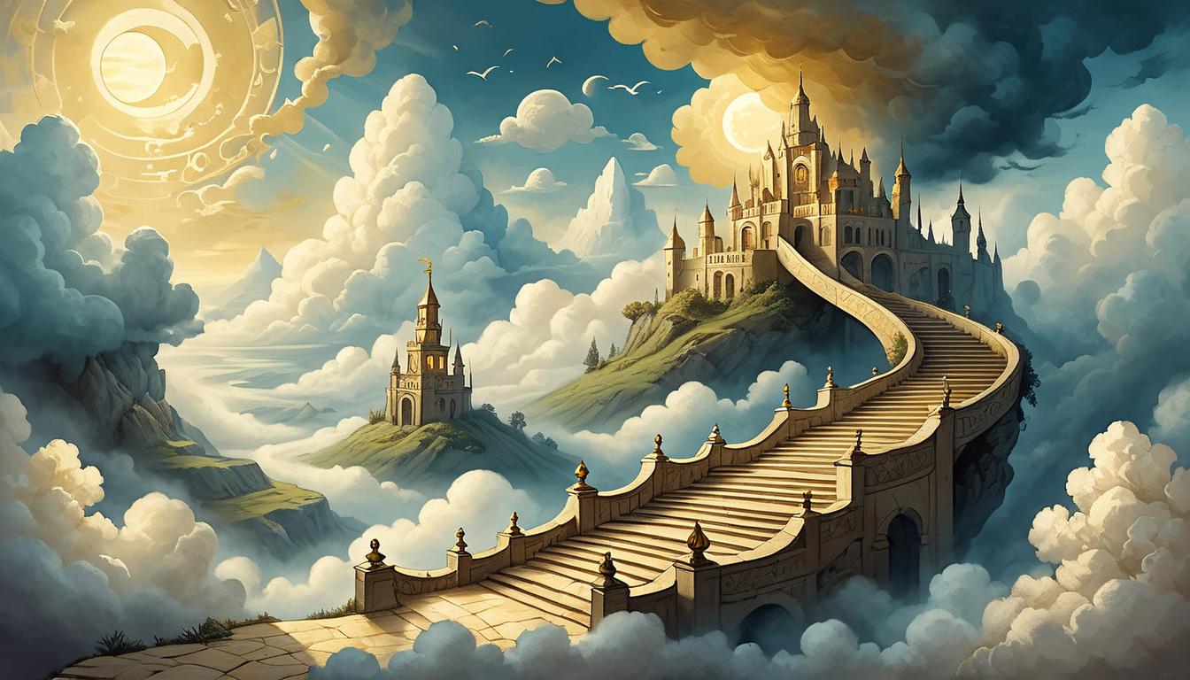  on parchment, surrealism+++, path of progress, a bright and rising staircase, ascending into the clouds, golden light, hopeful, upward journey, enduring perseverance(mysterious, provocative, symbolic,muted color)+++