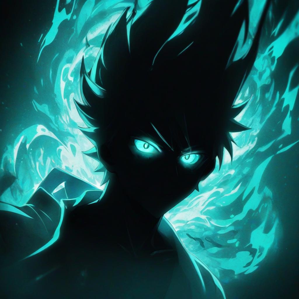  anime artwork a shadow of a man with glowing eyes, surrounded by a vibrant teal energy aura, dark anime style . anime style, key visual, vibrant, studio anime, highly detailed