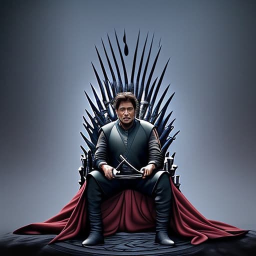  Generate an image of imran khan sitting on the iron throne from the game of thrones series holding a sword with the quote you win or you die