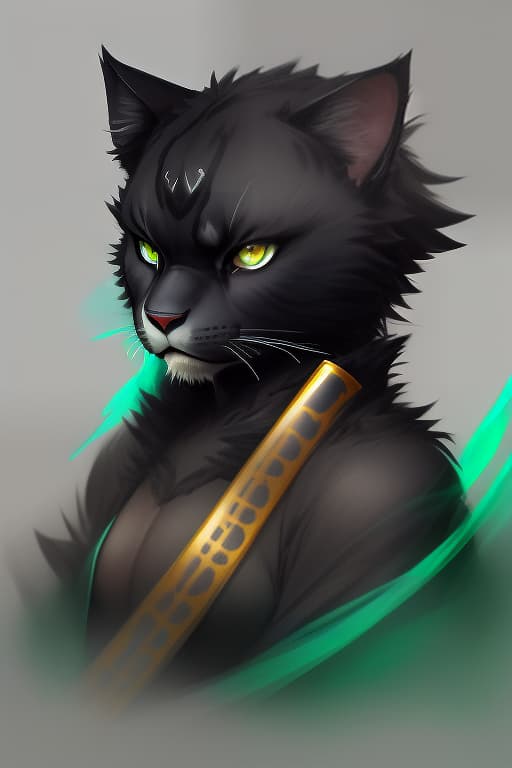  anthropomorphic saber toothed cat, black fur, emerald eyes, calm, samurai