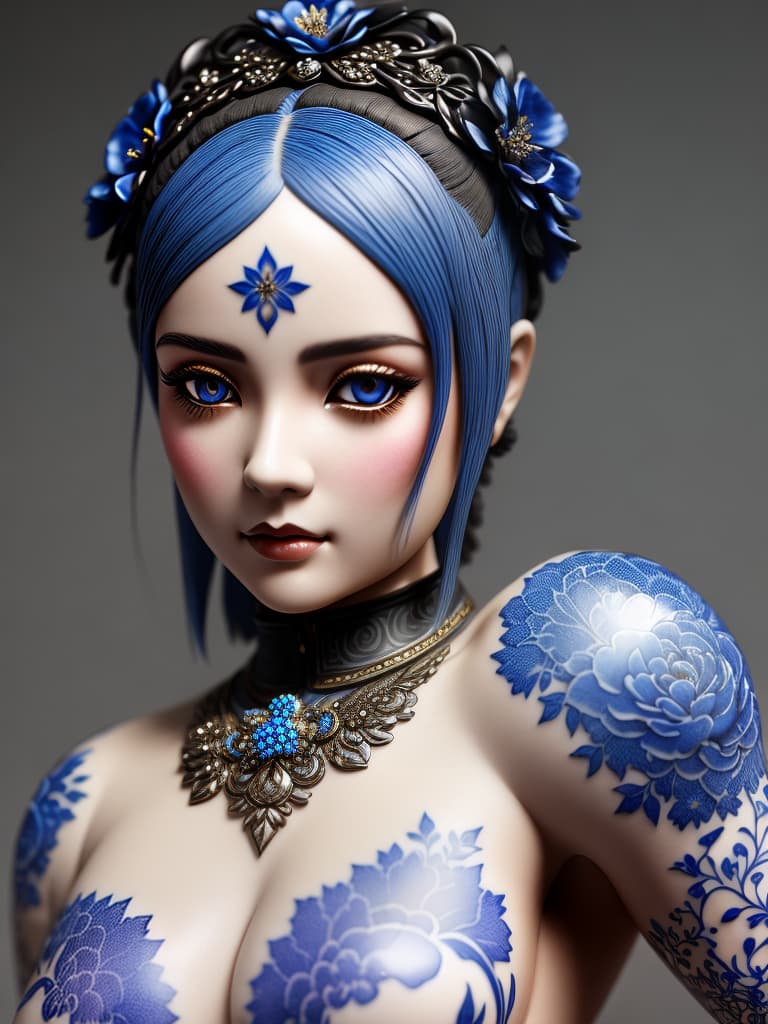  Close-up porcelain female figurine, looking to the camera, glossy surface, glaze, shiny, blue floral tattoos on her, dark gradient background, baroque dark style, hyperrealistic, CG society, intricate details