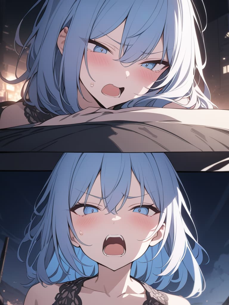  light blue hair, light blue eye, bob hair, darkness, hatred, angry crying, night, the end of the world, shouting, masterpiece, best quality,8k,ultra detailed,high resolution,an extremely delicate and beautiful,hyper detail