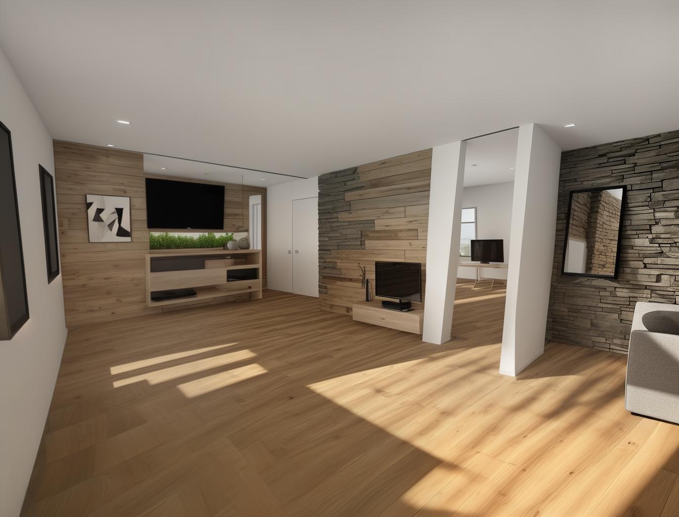  generate a photorealistic rendering of a modern living room with a combination of wooden floors and a stone accent wall. include sleek, contemporary furniture to contrast with the natural materials, creating a sophisticated yet comfortable atmosphere.