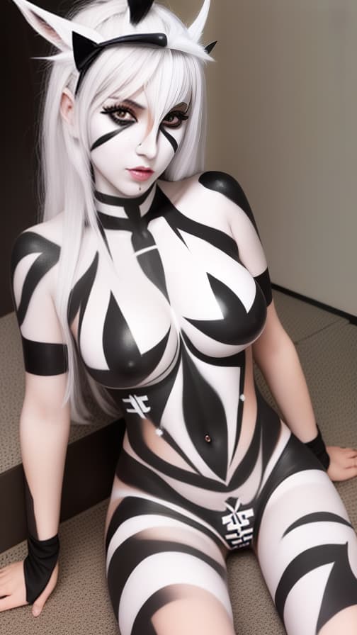  Chessboard check body paint in every corner of the body, White body paint all over the body,White face paint on the face, Dark elf,Full body image 女性