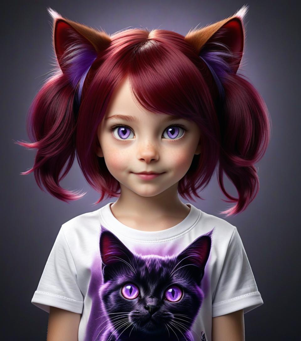  hyperrealistic art girl cat with dark crimson hair with two tails and with cinnamon t shirt and purple eyes . extremely high resolution details, photographic, realism pushed to extreme, fine texture, incredibly lifelike