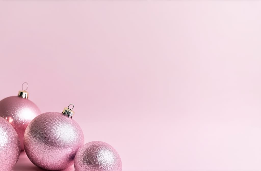  professional detailed photography, elegant pink christmas baubles on soft pastel background for holiday decor, christmas, baubles, pink, elegant, festive ar 3:2, (muted colors, dim colors, soothing tones), (vsco:0.3)