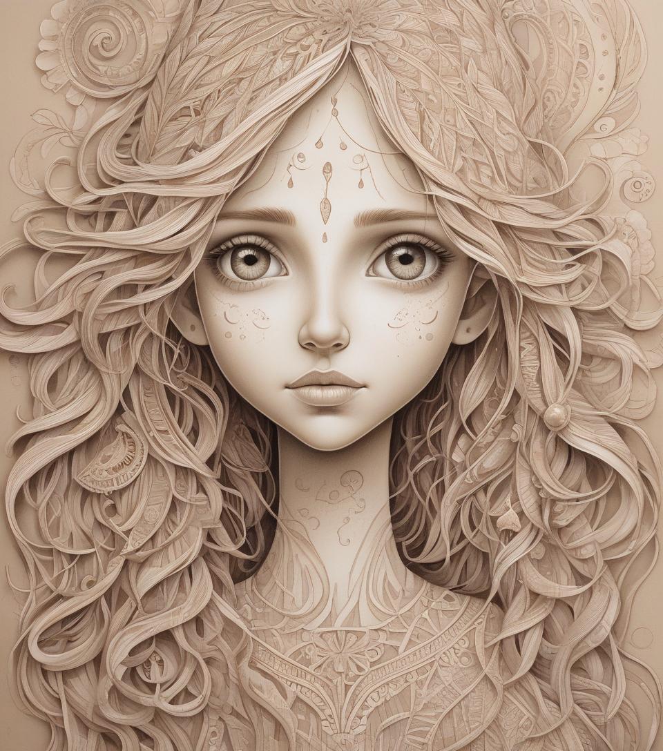  cartoonish, by małgorzata kmiec, paper, long face, oblong face, girl with sandy hair, intricate details, feminine, portrait, whimsical, whimsical depiction, on paper