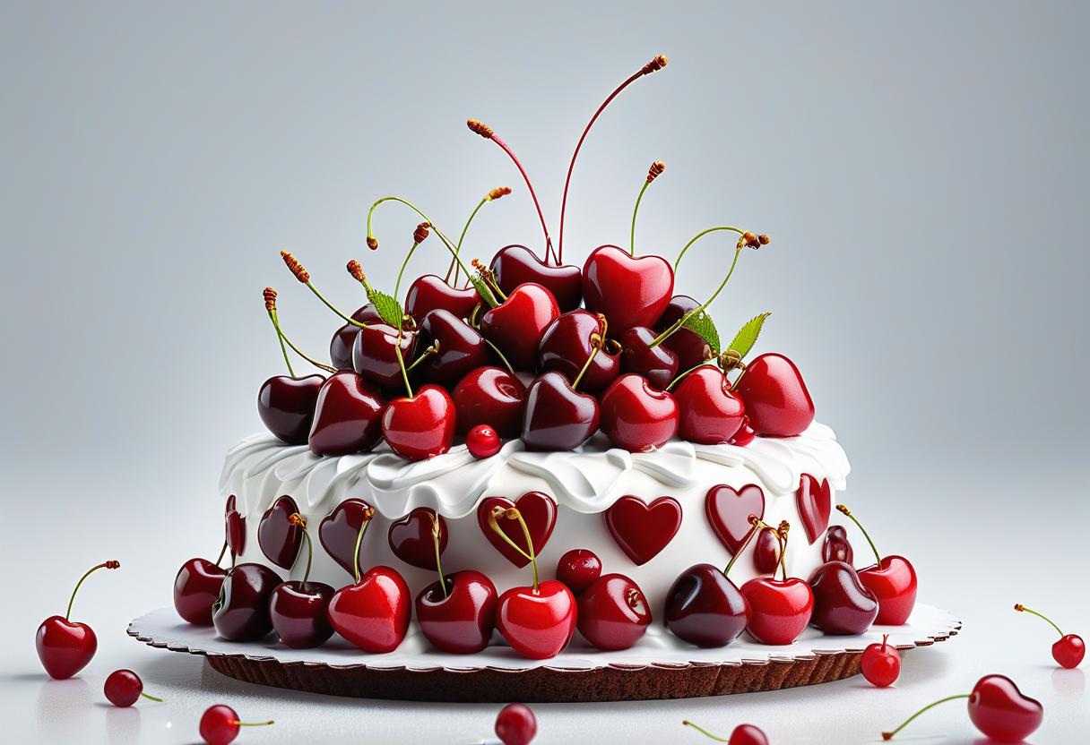  clipart heart shaped cake with cherries on a white background hyperrealistic, full body, detailed clothing, highly detailed, cinematic lighting, stunningly beautiful, intricate, sharp focus, f/1. 8, 85mm, (centered image composition), (professionally color graded), ((bright soft diffused light)), volumetric fog, trending on instagram, trending on tumblr, HDR 4K, 8K