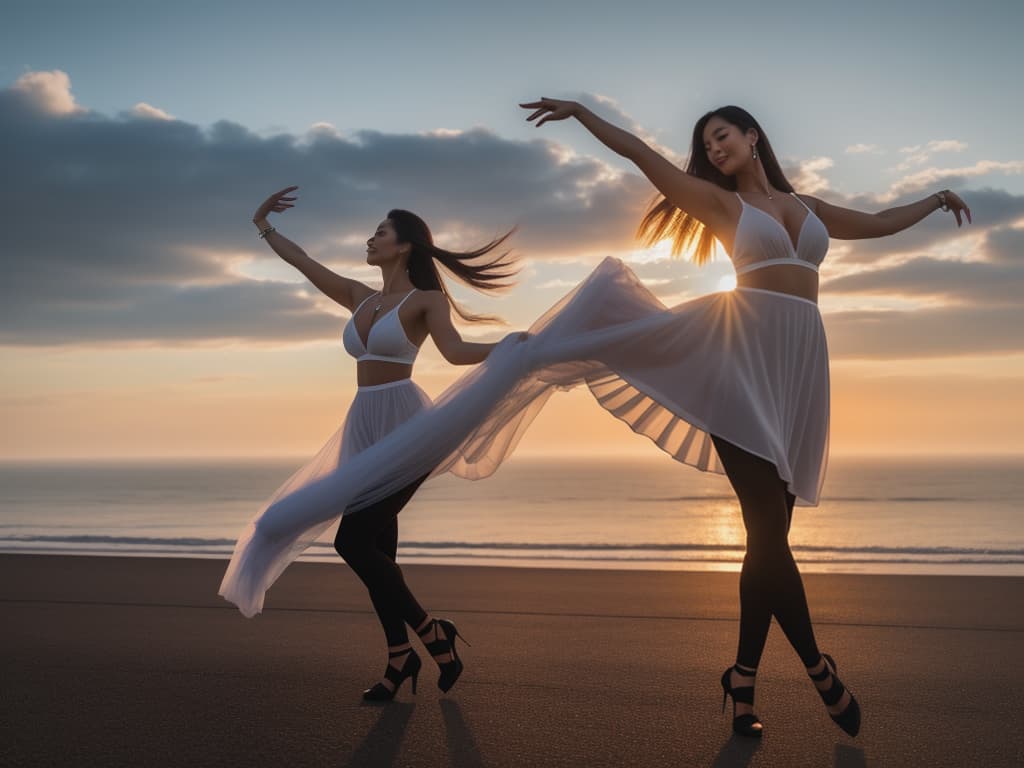  Woman dancing during sunset. hyperrealistic, full body, detailed clothing, highly detailed, cinematic lighting, stunningly beautiful, intricate, sharp focus, f/1. 8, 85mm, (centered image composition), (professionally color graded), ((bright soft diffused light)), volumetric fog, trending on instagram, trending on tumblr, HDR 4K, 8K