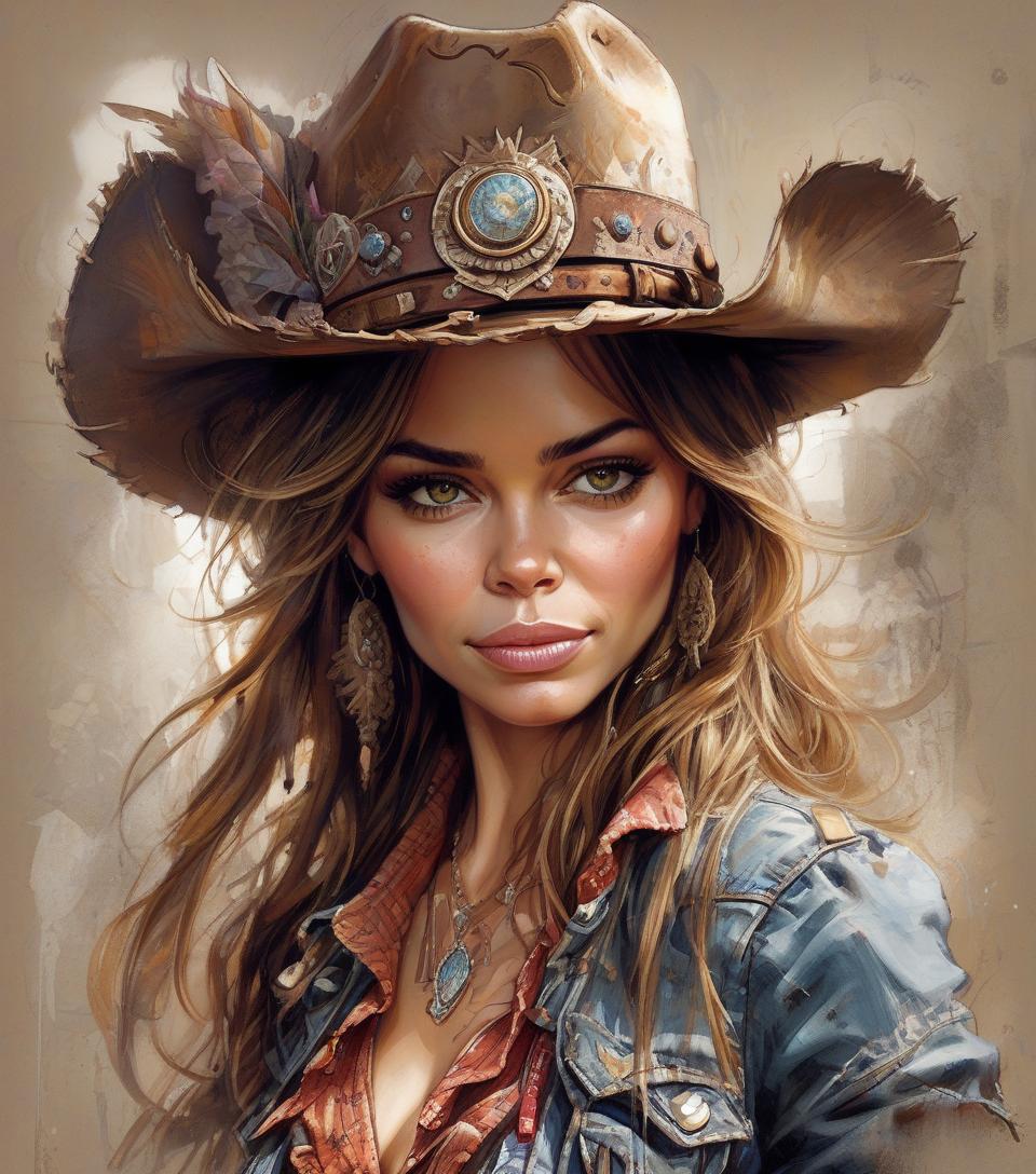  concept art cowgirl sofia vergara, beautiful eyes, epic, fantasy, intricate details, hyper detailed, jean baptiste monge, carne griffiths, michael garmash, seb mckinnon, masterpiec . digital artwork, illustrative, painterly, matte painting, highly detailed