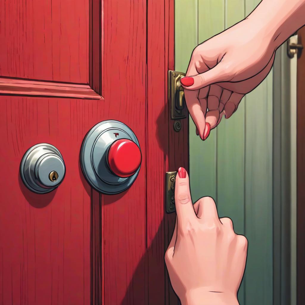  draw a colored comic, a woman's hand presses the bell button near a red wooden door.