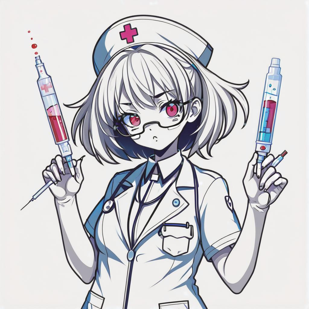  line art drawing impostor crazy nurse girl, with syringe, same nightmare. anime style . professional, sleek, modern, minimalist, graphic, line art, vector graphics