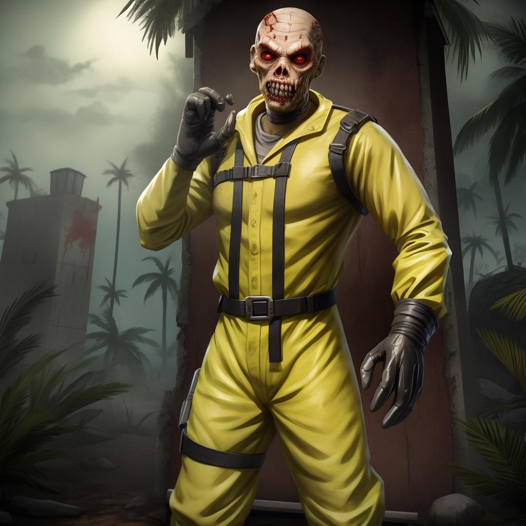  Mutated zombie in a full body radiation hazmat suit with gloves (dead island), open eyes, digital art, masterpiece, 4k, fine details,