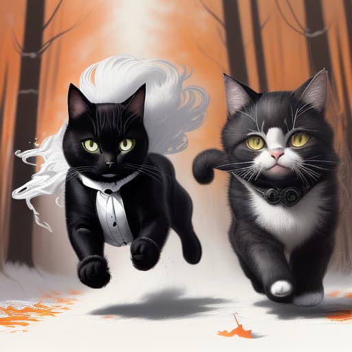  ultra detailed sketch art chase, intricate black cat with a white tie runs from a white cute cat in the summer autumn forest, comic, pop art, mysticism, high quality, detailed fur, chase, intricate concept art, cinematic, ultra uhd, lumen