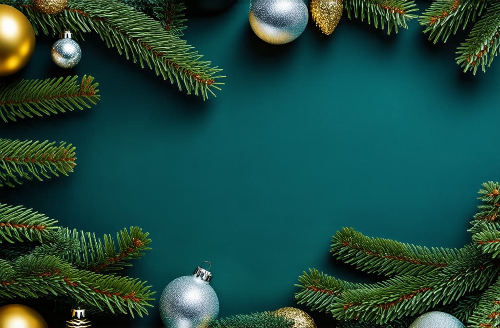  professional detailed photography, new year vertical dark turquoise background with gold and silver balls on fir branches with space for text ar 3:2, (muted colors, dim colors, soothing tones), (vsco:0.3)