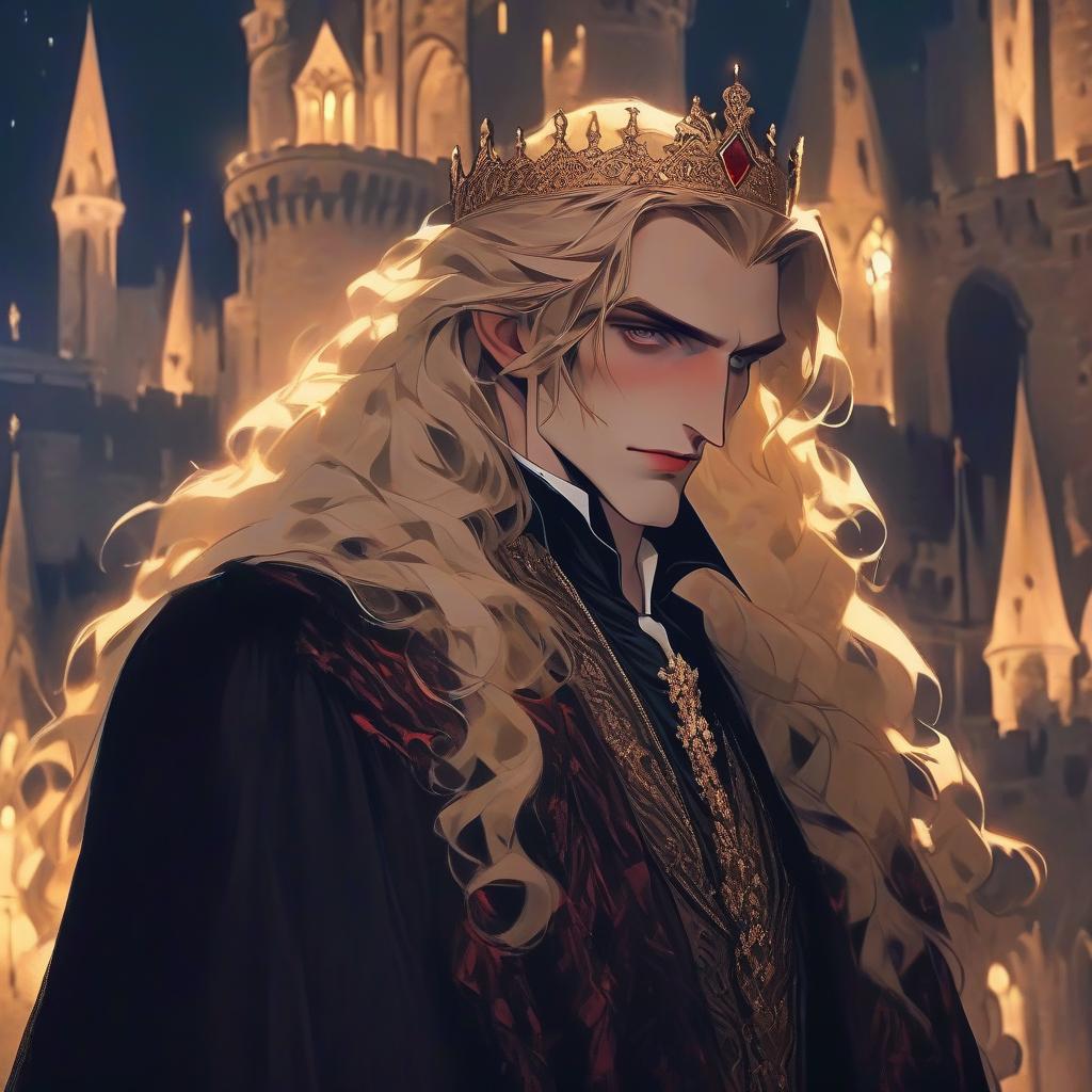  dreamscape young vampire aristocrat in rich clothes with long blonde hair, at night in a huge castle with a small crown on his head, aesthetics of beauty, grace . surreal, ethereal, dreamy, mysterious, fantasy, highly detailed