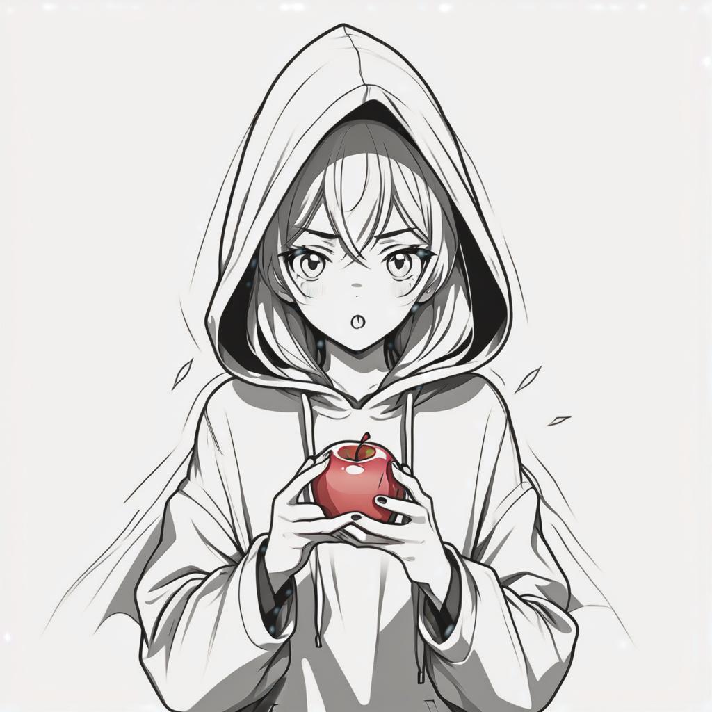  line art drawing girl in hood hold apple in one hand, same nightmare. anime style . professional, sleek, modern, minimalist, graphic, line art, vector graphics