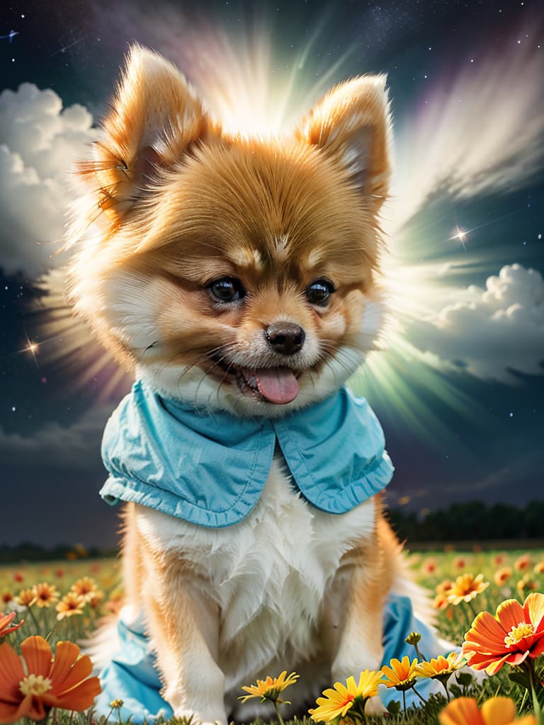  masterpiece,(cartoon style){(cute pomeranian)(orange)(smile)(good mood)}(at cosmos flower field)high quality,16k,super analysis