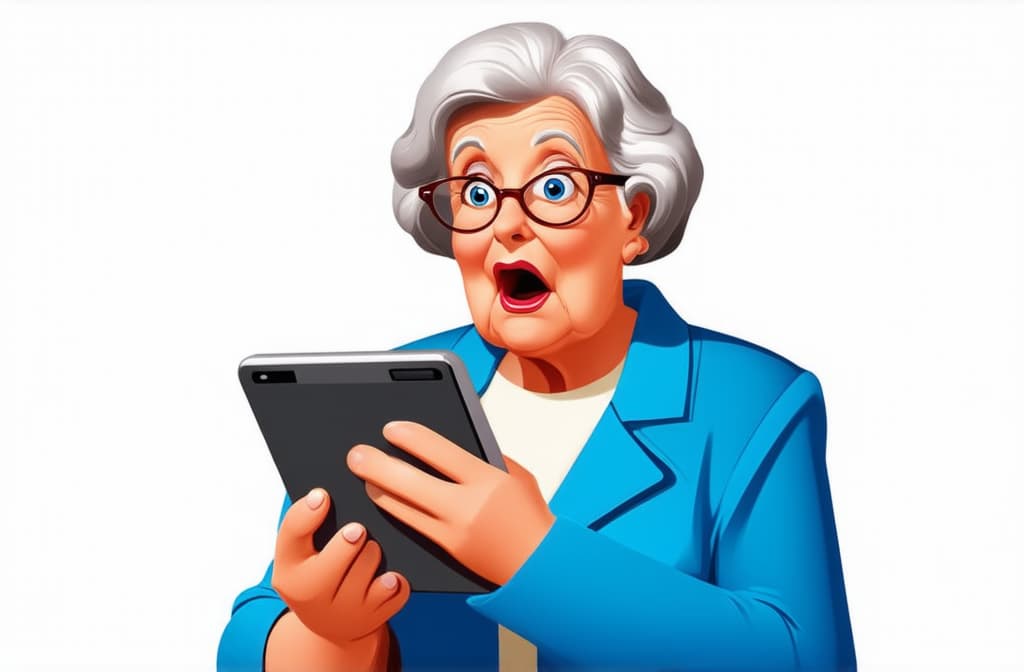  shocked surprised senior woman using tablet isolated on white background, funny cartoon illustration ar 3:2 {prompt}, maximum details