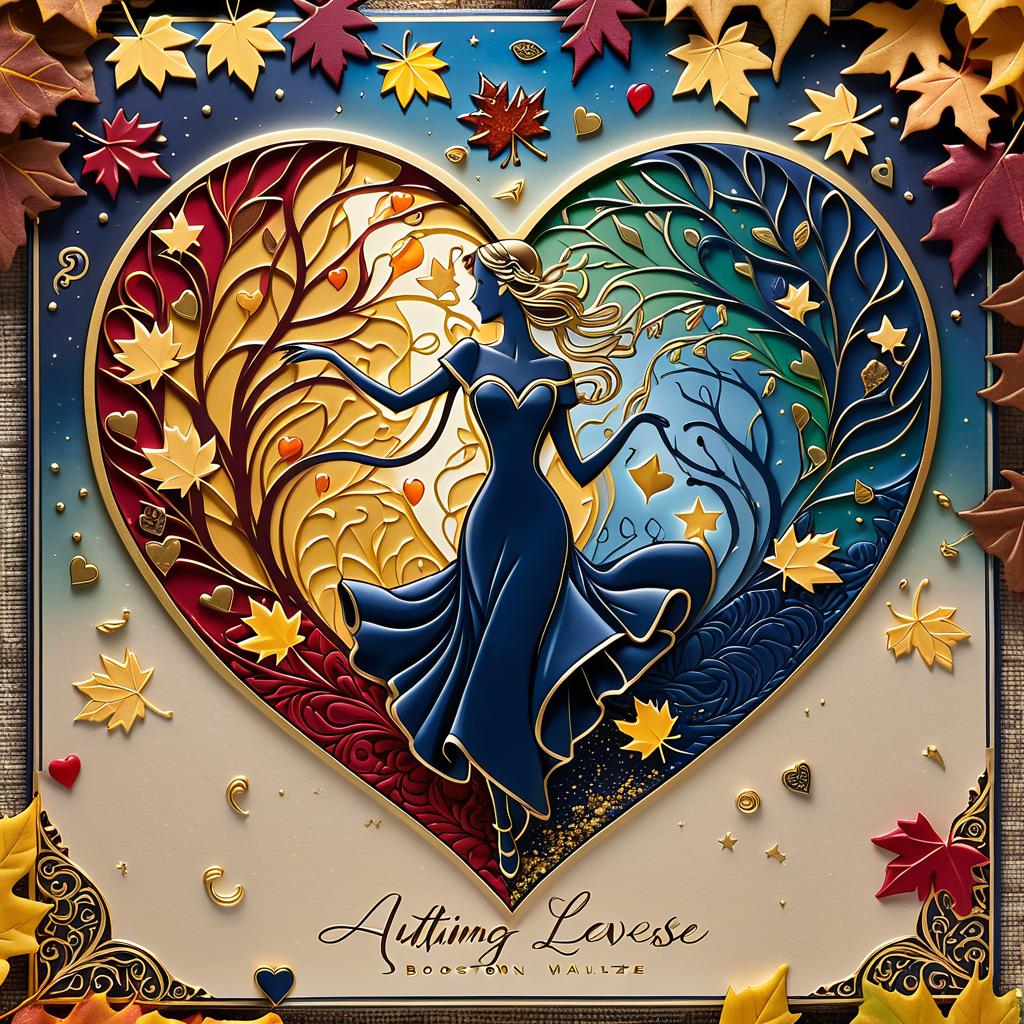  luxury product style on a carpet of yellow leaves in a simple dress of wind given crepe autumn danced a waltz boston in an alleyway. the warm day flew away and the saxophone sang hoarsely. (background of the card): falling autumn leaves, a whirlwind of autumn leaves, wind saxophone, a box of chocolates, the inscription "autumn waltz", a greeting card. (heart), a beautiful figure made of contours in the shape of a heart. (heart colour): night sky background, stars, gold pattern. (style):fantasy, autumn art, autumn romance. (colours):gold, green gold, navy blue, red, red gold, brown gold, silver, golden blue, bluish blue, dark blue on gold . elegant, sophisticated, high end, luxurious, professional, highly detailed