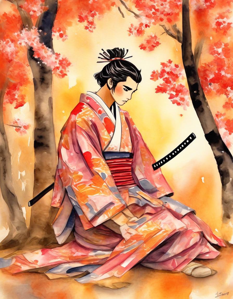  watercolor painting masterpiece. ancient japanese print.(samurai, with a katana at his belt, down on one knee giving a cherry blossom to a beloved in a beautiful kimono, around a whirlwind of autumn leaves:1.5). the style of ancient japanese prints . vibrant, beautiful, painterly, detailed, textural, artistic, perfecteyes, oil painting