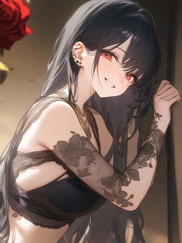  long hair, black hair, hair tips are pink, red eyes, hanging, bangs, and length of bangs, smiles, adults, adult faces, piercings, necklaces, black lace clothes, red rose tattou on arms in contained, thin makeup, rose tattoo on the arm, pink and black hair, masterpiece, best quality,8k,ultra detailed,high resolution,an extremely delicate and beautiful,hyper detail