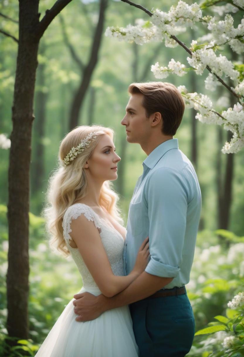  cinematic film still fabulous images. against the background of a blooming forest, two people in full height: the wind is a guy with white wings and blue eyes. the tree is a girl with a blond braid and green eyes and without wings. they look at each other. . shallow depth of field, vignette, highly detailed, high budget, bokeh, cinemascope, moody, epic, gorgeous, film grain, grainy