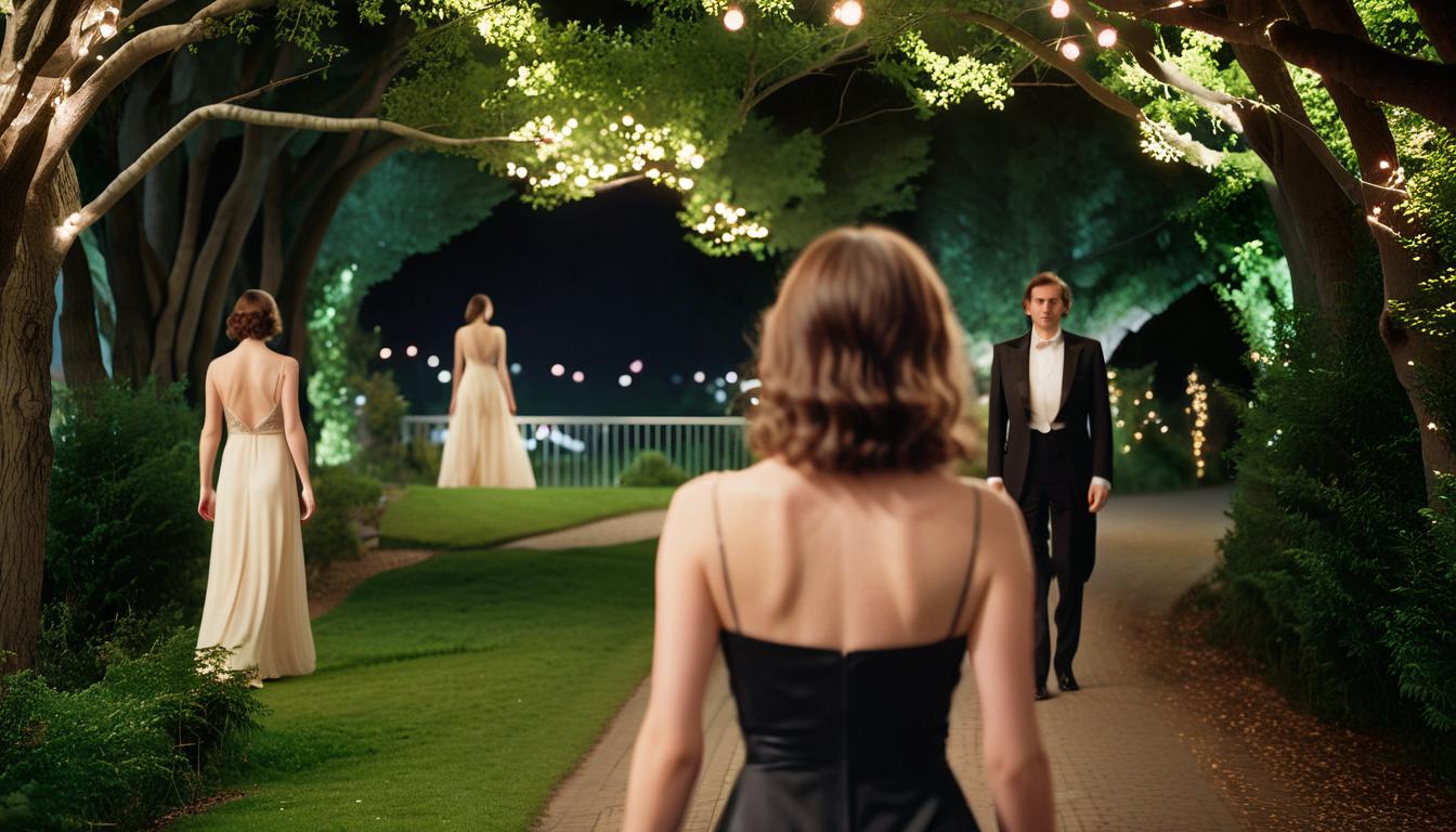  cinematic photo high definition photographic image, detailing, drawing details, night, a man follows a woman in an evening dress, from afar, hiding behind trees. . 35mm photograph, film, bokeh, professional, 4k, highly detailed, film photography style