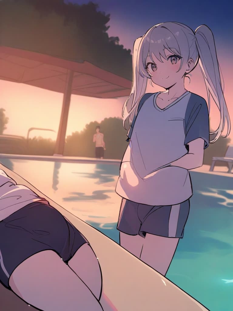  women's elementary students (male), twin tails, cute smiles, (rich s), low stature, dark blue swimwear, old swimwear, , simple (upward), male , (bulge), shaped clear , front , whole body, pool side,