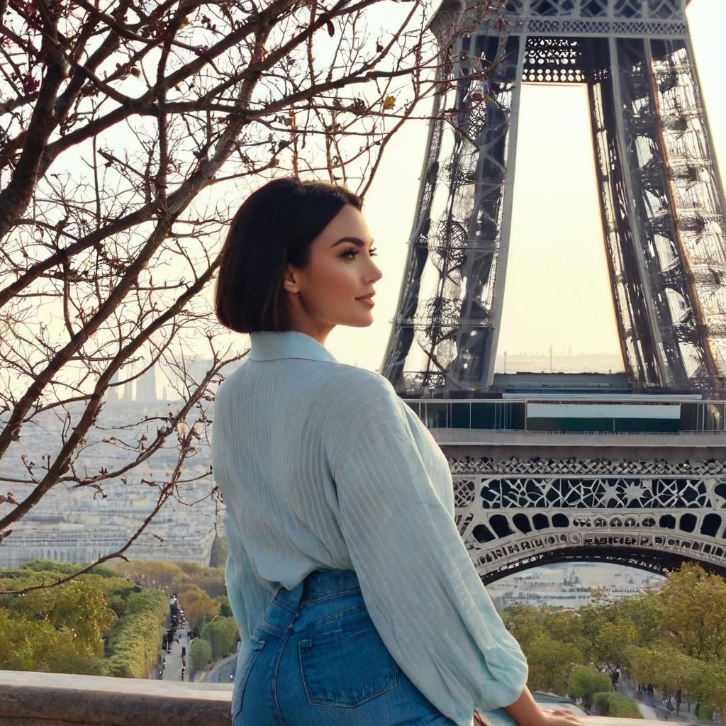  a person wearing casual clothing standing in front of the eiffel tower