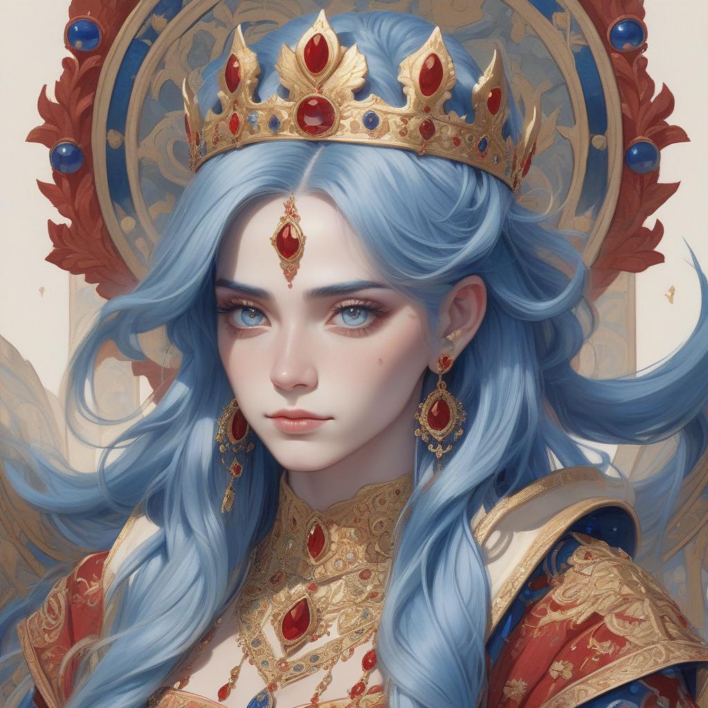  a detailed illustration of a woman with blue hair, a golden crown adorned with red and blue gems, and richly embroidered clothing. enhance this picture, and show a dragon sign on it