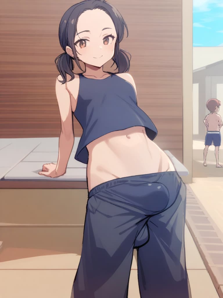  women's elementary students (male), twin tails, cute smiles, rich s, low stature, dark blue swimwear, old swimwear, , simple, , (bulge), male (bulging), front, whole body, pool side,