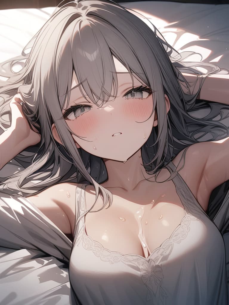  white liquid from the winner, shy, gray hair color, sweaty, white eyes, on bed, lying down, raising both arms on my head, big, big,, masterpiece, best quality,8k,ultra detailed,high resolution,an extremely delicate and beautiful,hyper detail