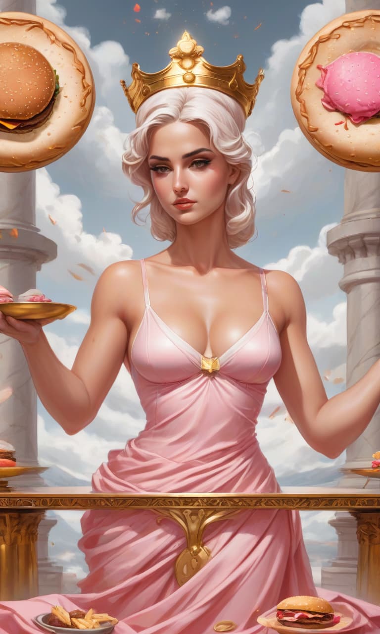  concept art tarot color pink, white, black, gold courtroom, on the pedestal stands a statue of the themis of white marble, her eyes are blindfolded. in her hands she has a scale, one often fries and a mcdonald's burger, on the other bowl of scales fries and a burger . digital artwork, illustrative, painterly, matte painting, highly detailed, perfect hands