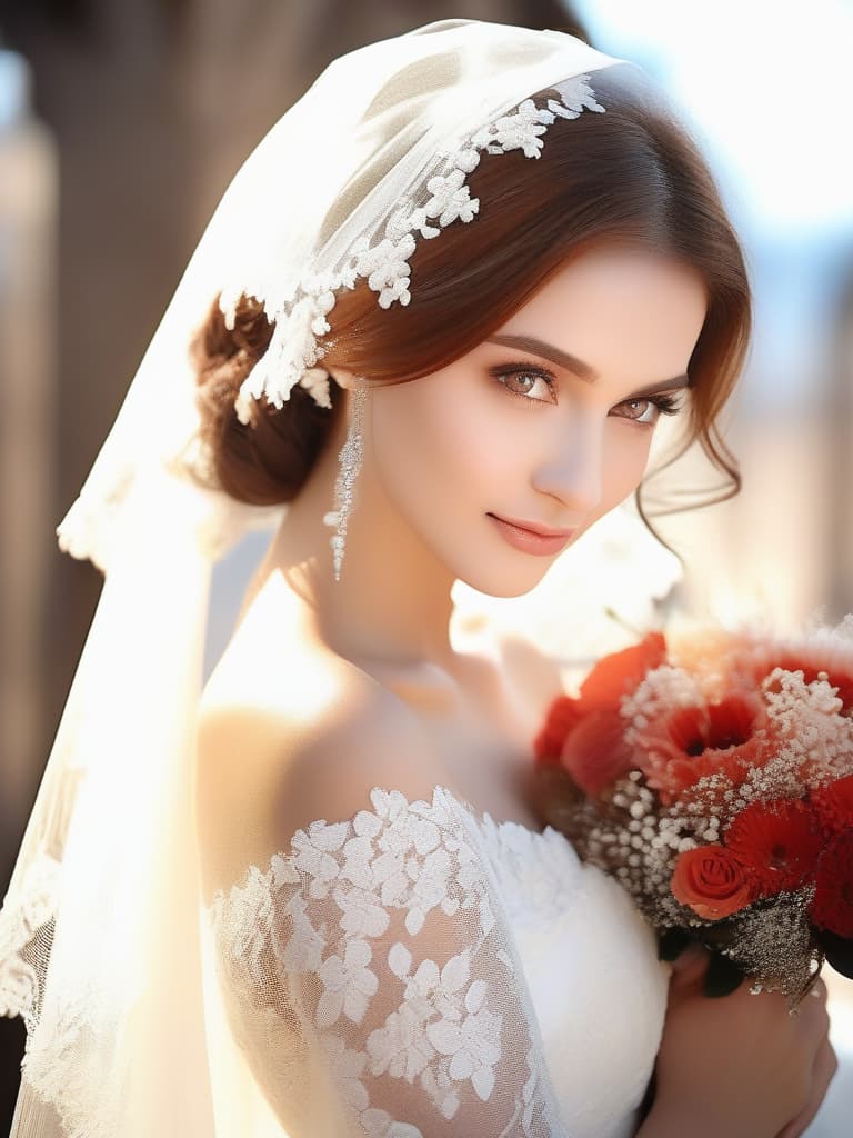  deep brown hair color & red eyes,lovely and beautiful woman,(((wearing white lace wedding veil & princess line wedding dress))),happy bride,