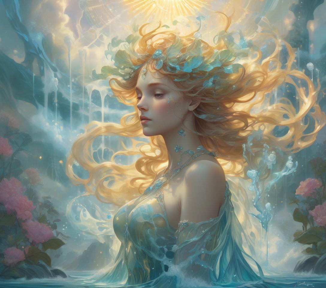  concept art water elemental / undine (adorable). alphonse mucha, 8k resolution holographic astral cosmic illustration mixed media by pablo amaringo ethereal fantasy hyperdetailed mist thomas kinkade surrealism melting oil on canvas heavenly sunshine beams divine bright soft focus holy in the clouds . digital artwork, illustrative, painterly, matte painting, highly detailed