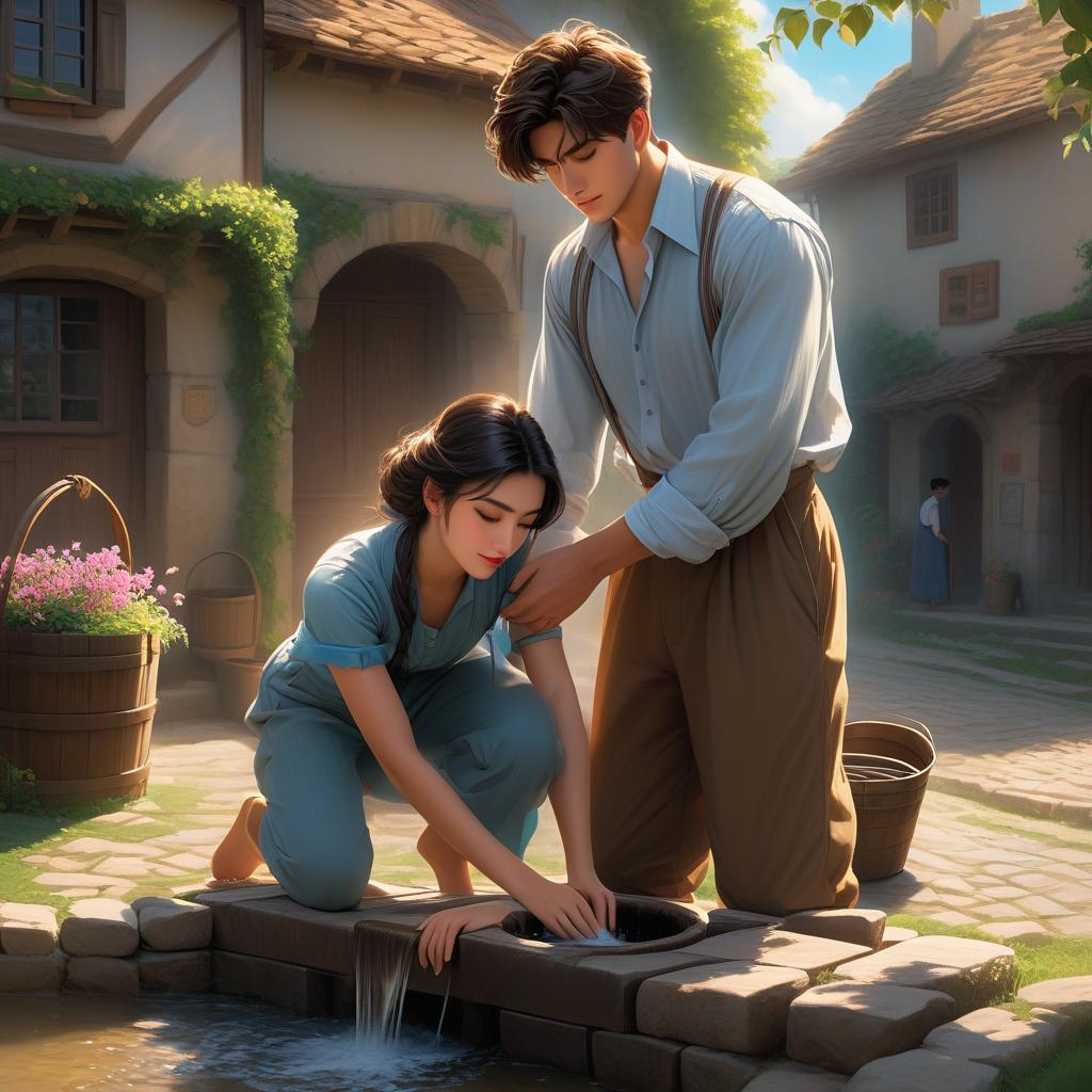  **scene 1:** **setting and atmosphere:** a quaint, bustling village square illuminated by soft morning sunlight. the main focus is a rustic stone well surrounded by a cobblestone path and lush green foliage. nearby, a few small birds are perched on the edges of the well. **characters:** the persona, a young man dressed in simple, earth toned clothing—a worn beige shirt and brown trousers—is leaning slightly over the well with two wooden pails beside him. **focus:** the young man is fixated on a woman kneeling by a wooden washboard, just a few paces away, washing clothes. **details:** the woman's hair, long and flowing, cascades down her back. she wears a long, flowing dress in shades of blue, matching the sky, with subtle floral