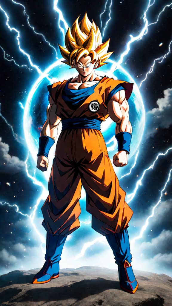  anime art: goku from dragon ball z demonstrating instant transmission, bending space time to teleport. hyperrealistic, full body, detailed clothing, highly detailed, cinematic lighting, stunningly beautiful, intricate, sharp focus, f/1. 8, 85mm, (centered image composition), (professionally color graded), ((bright soft diffused light)), volumetric fog, trending on instagram, trending on tumblr, HDR 4K, 8K