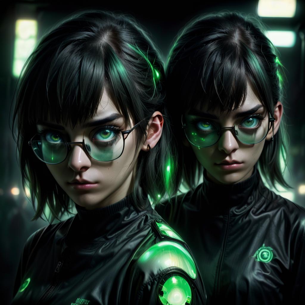  hyperrealistic art a couple of anime girls standing next to each other, very dark with green lights, with haunted eyes and glasses, darkart, beautiful gemini twins portrait, very dark environment, shadows of zombies, ((sharp focus)), identical picture, dark enclosed . extremely high resolution details, photographic, realism pushed to extreme, fine texture, incredibly lifelike, oil painting, civitai