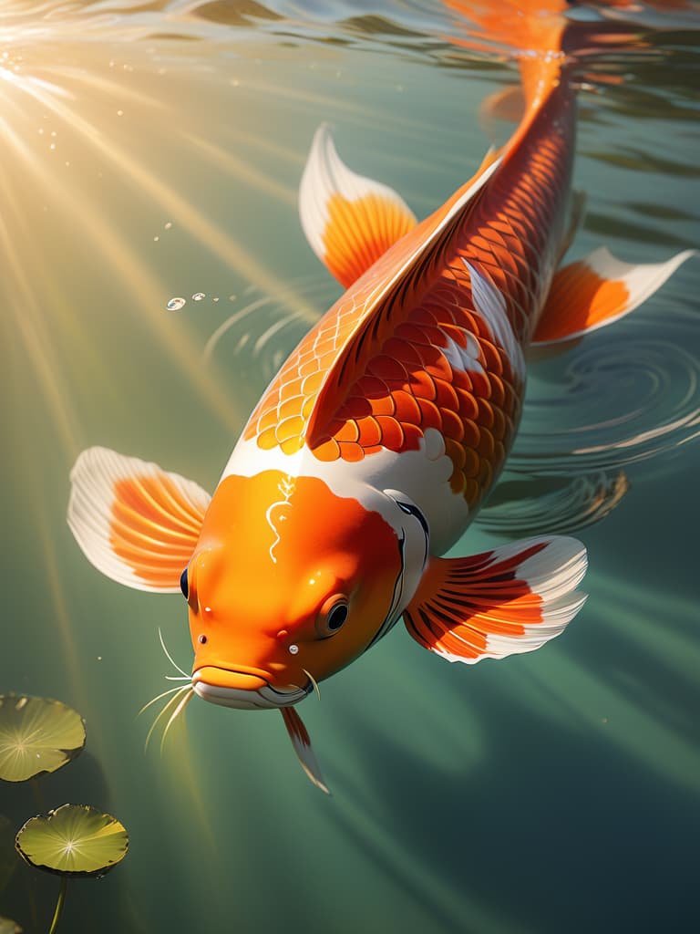  "a vibrant, majestic koi fish, symbolizing good fortune and prosperity, swims gracefully through crystal clear waters. the koi has shimmering, gold and red scales that catch the sunlight, creating a radiant glow. surrounding the koi are ripples of water, with delicate lotus flowers and lily pads floating nearby. in the background, soft rays of sunlight filter through the water, casting a warm, golden hue. the koi's expression is peaceful and determined, as it swims upstream, symbolizing perseverance and success. the entire scene exudes a sense of luck, abundance, and harmony with nature."