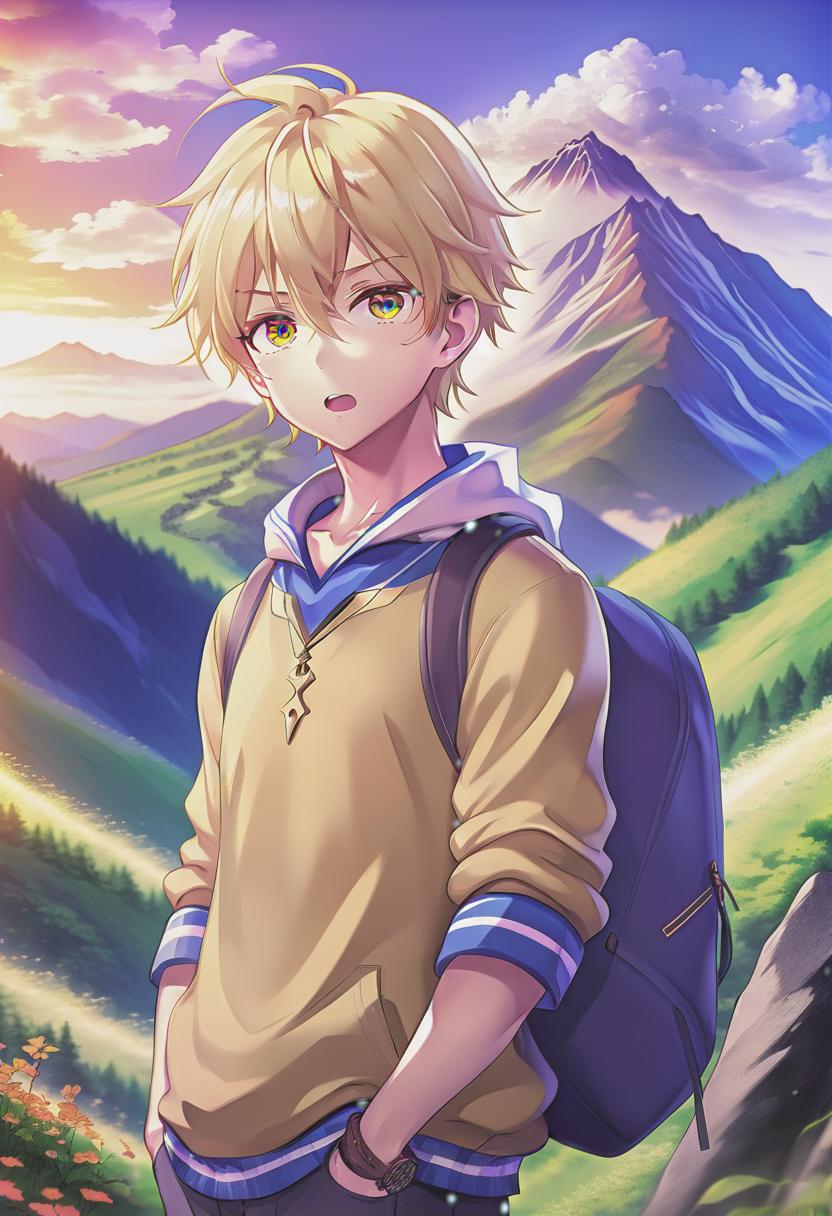  anime artwork a bit full guy, a handsome guy, blonde hair, mountain valley, medium hair . anime style, key visual, vibrant, studio anime, highly detailed