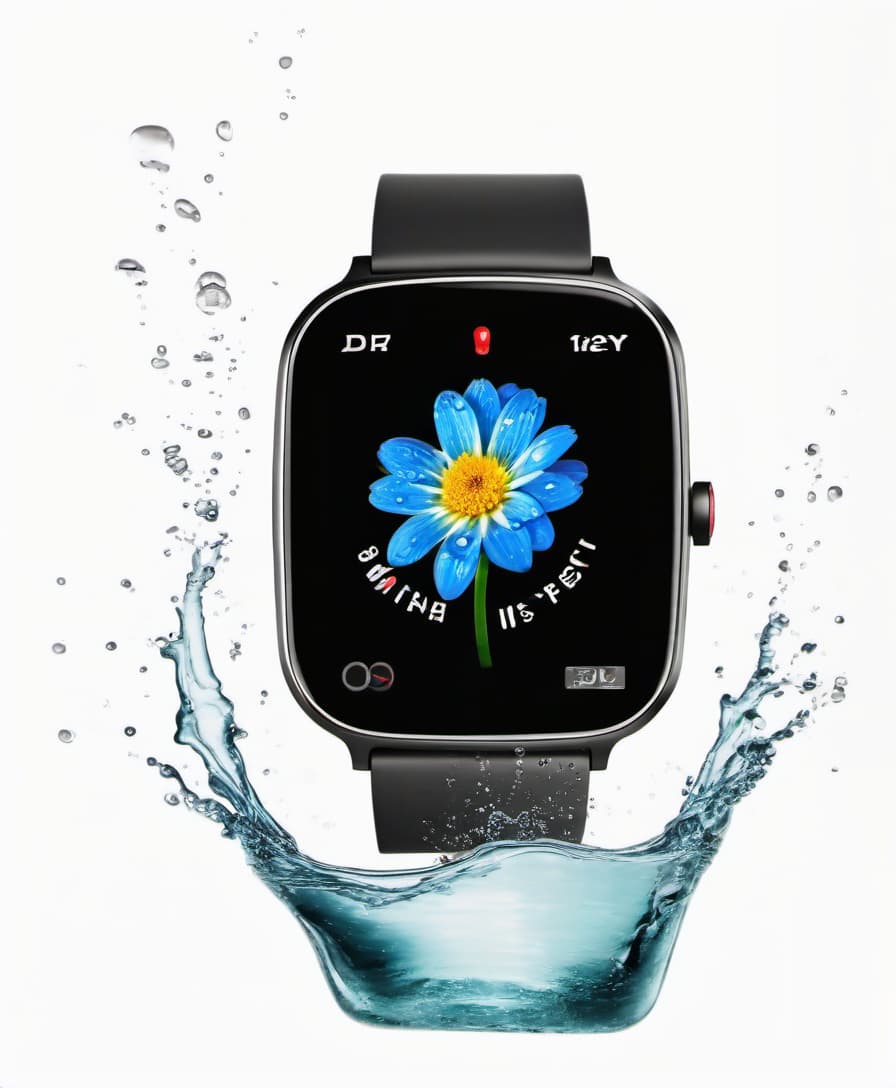  smart watch with a flower on the screen, around a splash of water, white background, film photography style