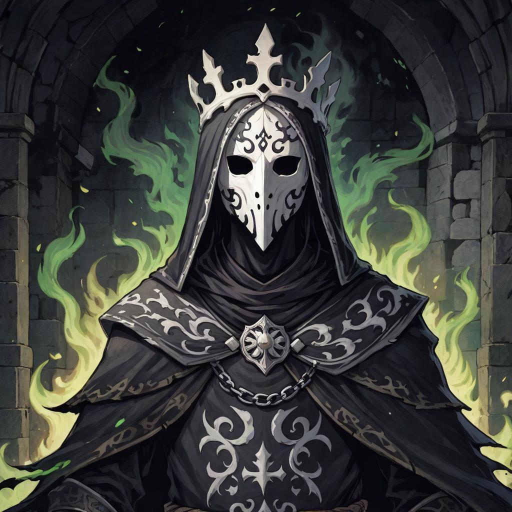  manga artwork dark figure with a ornamented black tunic, white bone mask and a white bone crown. the background has stone ruins and green flames. rpg anime style . manga artist. manga, highly emotional. best quality, high resolution