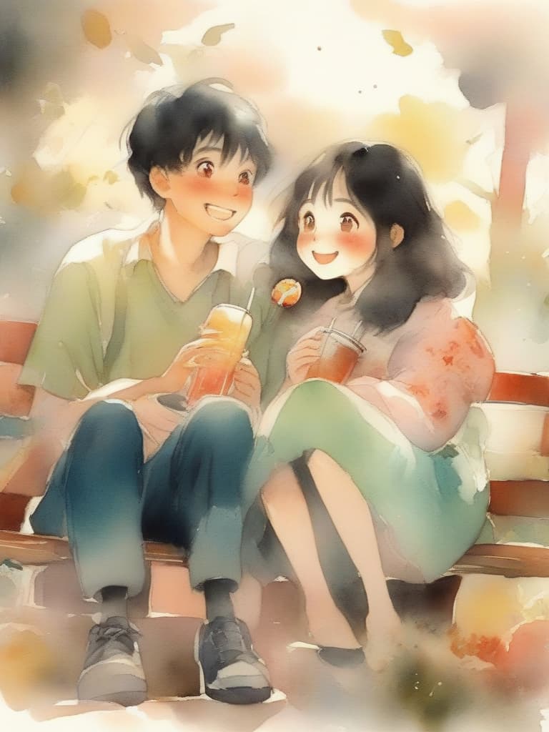  masterpiece,happy couple,young lovers,{(white hair color girl with bobbed hair) and ((green hair color boy))},sitting side by side,happy smiling,eating sweets,drinking juice,happy💕,high quality,16k