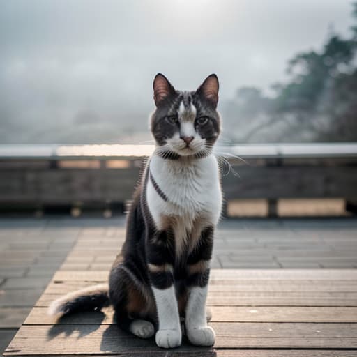  a cat sitting on a bench hyperrealistic, full body, detailed clothing, highly detailed, cinematic lighting, stunningly beautiful, intricate, sharp focus, f/1. 8, 85mm, (centered image composition), (professionally color graded), ((bright soft diffused light)), volumetric fog, trending on instagram, trending on tumblr, HDR 4K, 8K