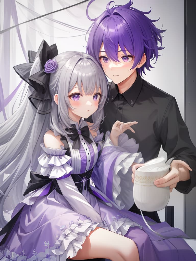  couple, cute, hair purple and gray, boys, girls, masterpiece, best quality,8k,ultra detailed,high resolution,an extremely delicate and beautiful,hyper detail